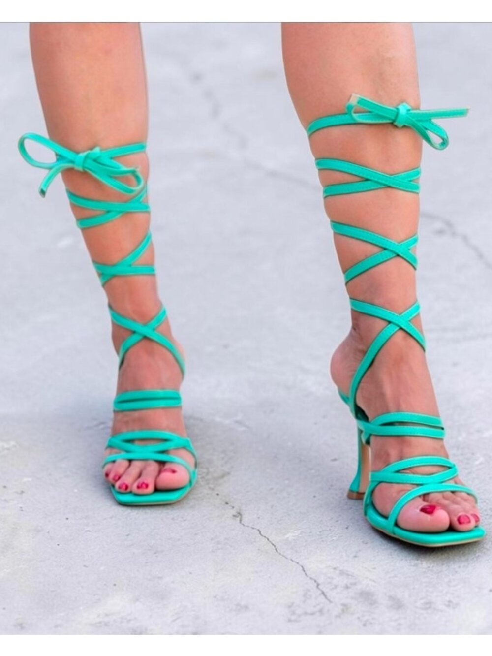 Green Lace-Up High Heel Sandals With Square Open Toe & Stiletto Heel Womens Eleg - Picture 5 of 11